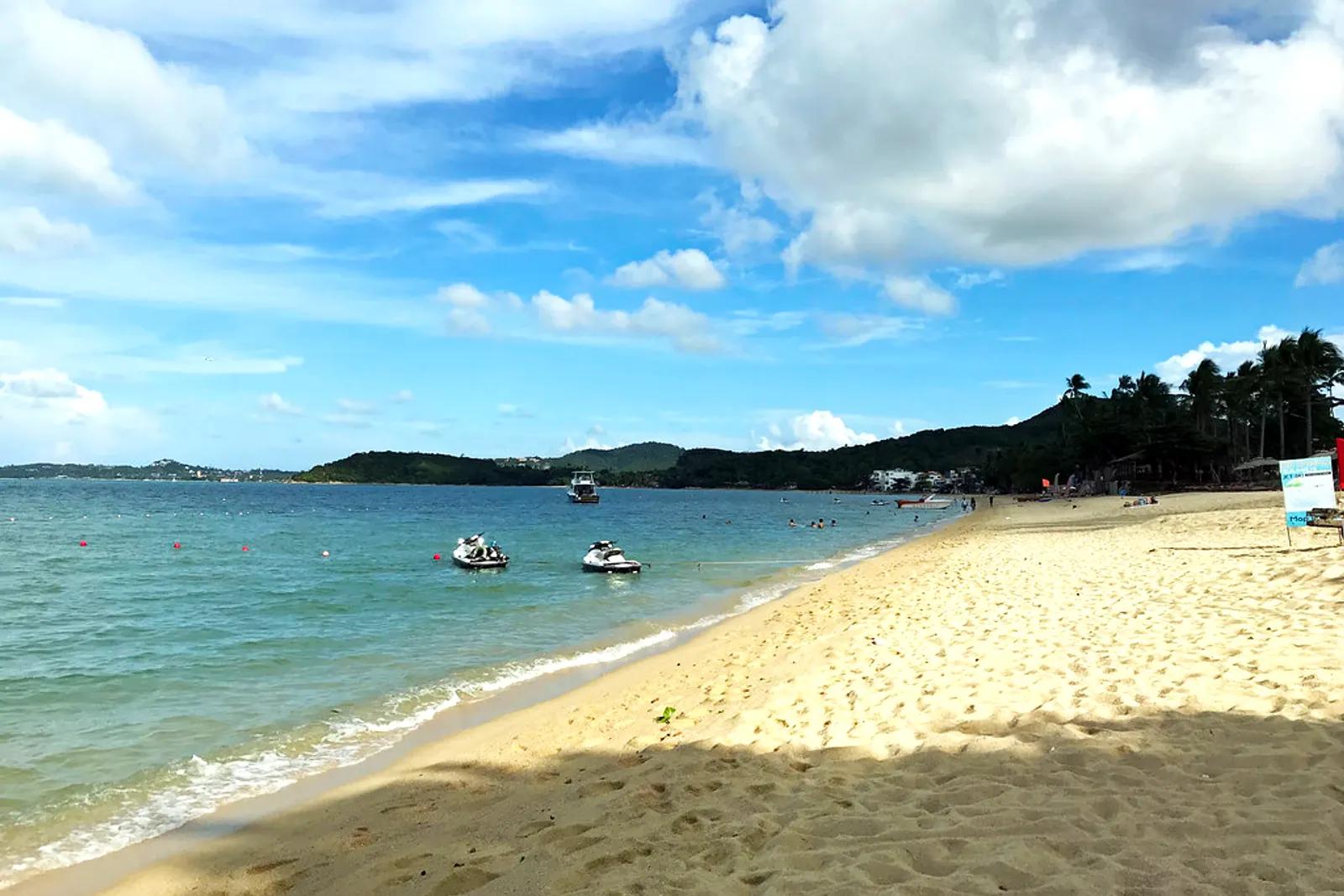Bophut beach, Koh Samui - pale sand, turquoise shallows and a green headland